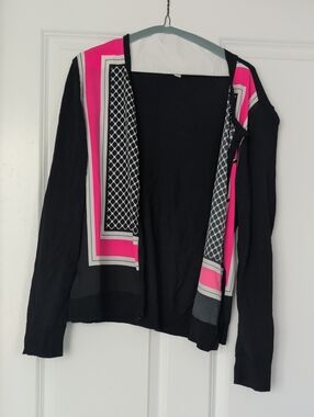 New York & Company Black Cardigan with Hot Pink and White Trim